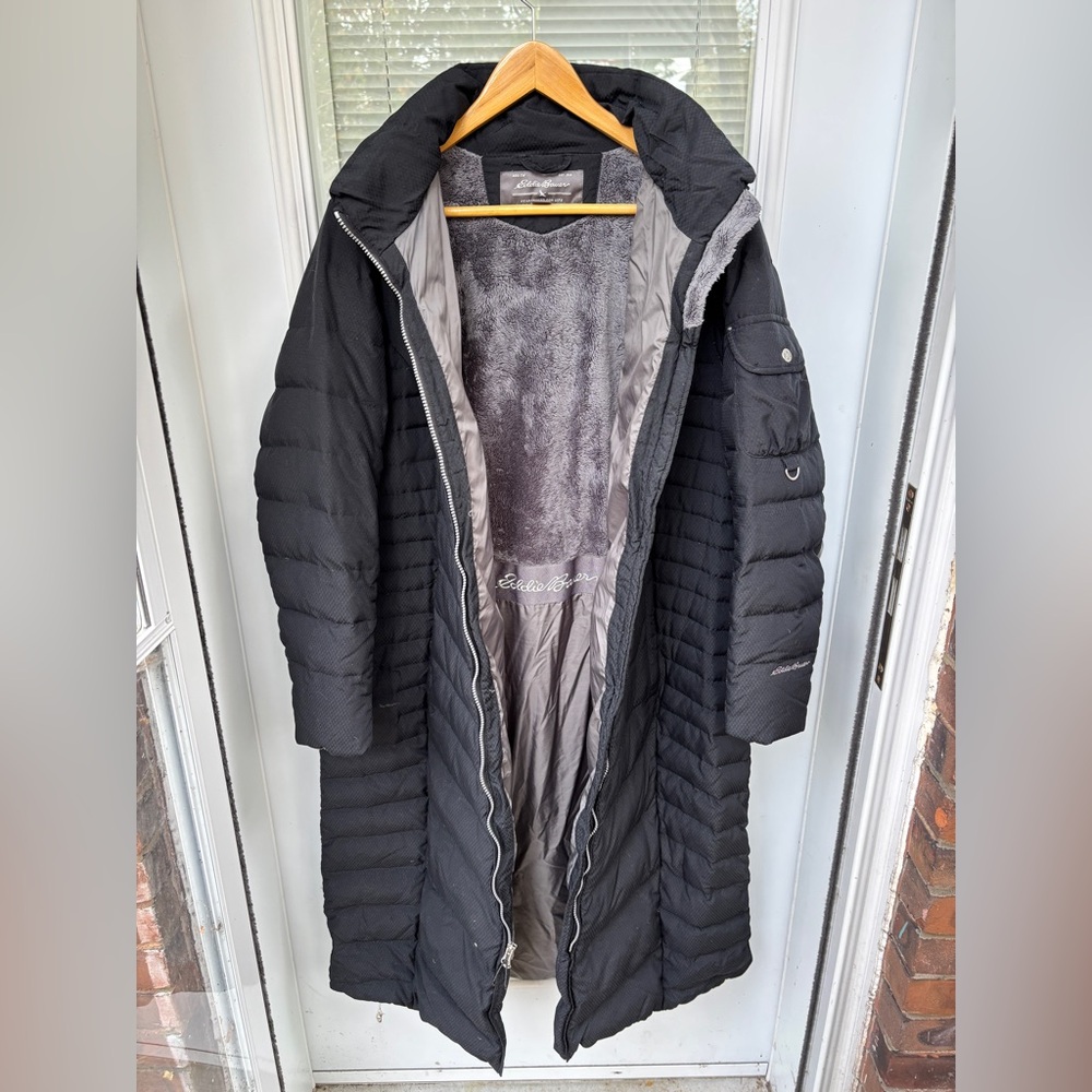 Eddie Bauer Women’s Sun Valley Down Coat 1X Black Long Full Zip Pockets Plus Sz
